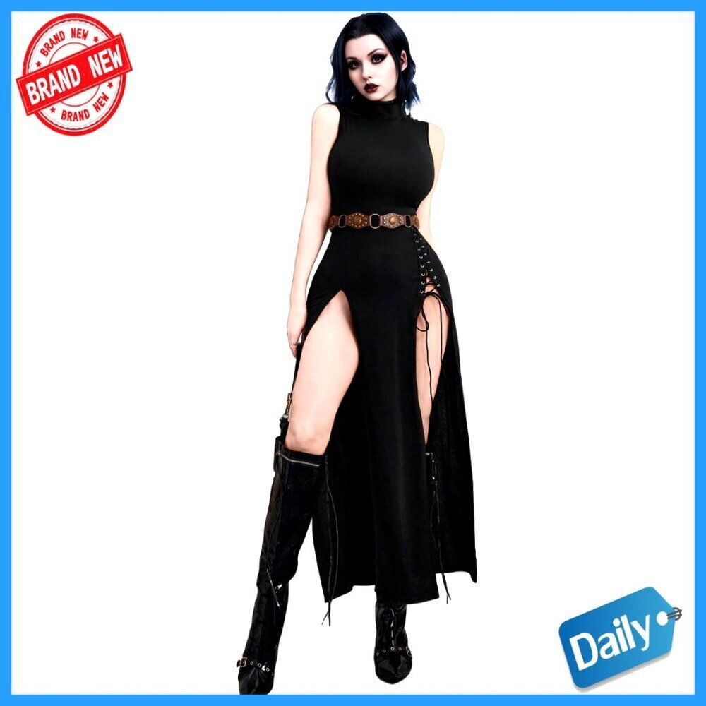 Gothic Mock Neck Lace Up Tank Dress Thigh Split Slim Fit
